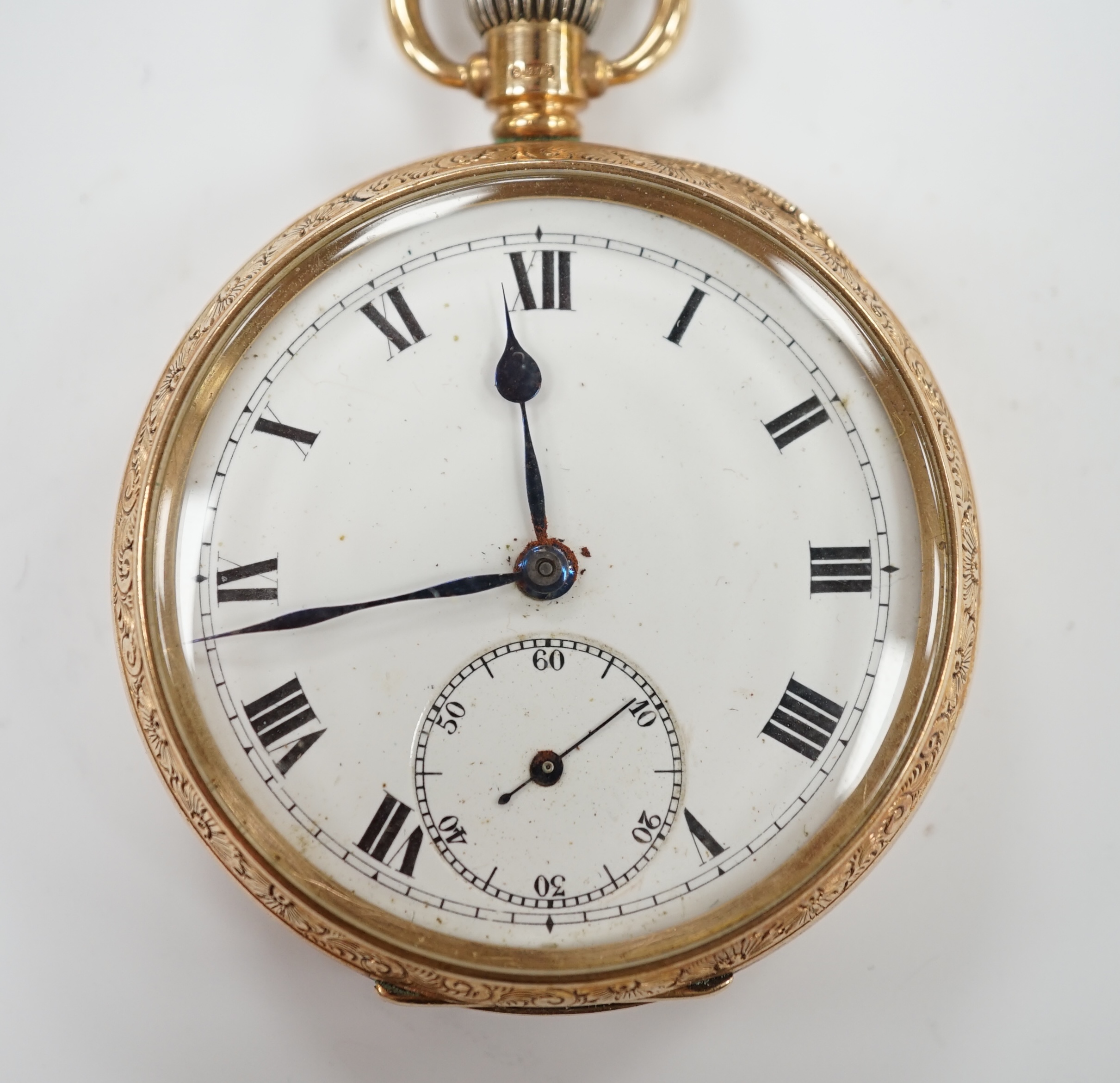 A George V 9ct gold Rolex open face keyless pocket watch, with Roman dial and subsidiary seconds, case diameter 48mm, gross weight 94.5 grams.